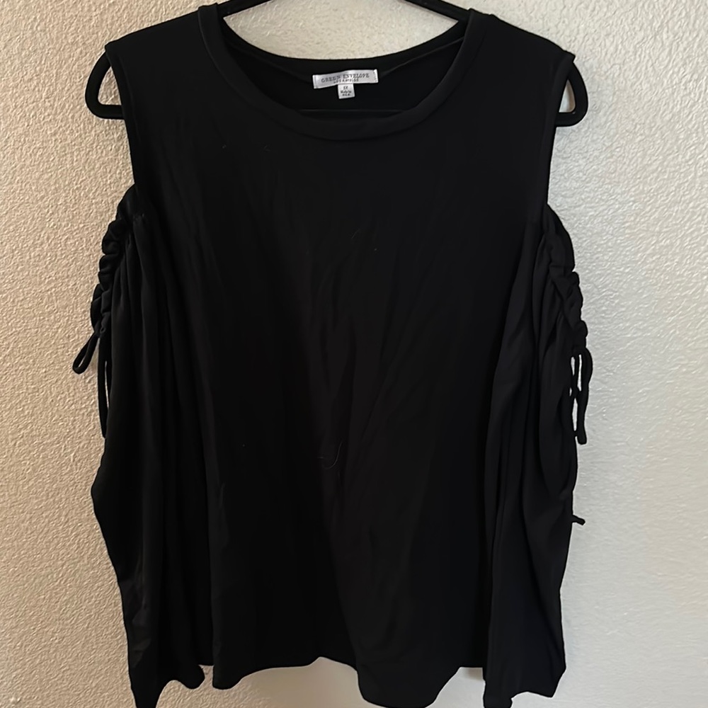 Green Envelope Black Cold Shoulder Tie Top Size 1X